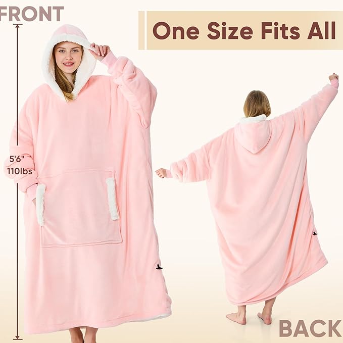 yescool Wearable Blanket Hoodie - Gifts for Women Her Girlfriend, Birthday Christmas Gifts For Mom, Oversized Flannel Sherpa Blanket Sweatshirt, One Size Fits All (Pink light)