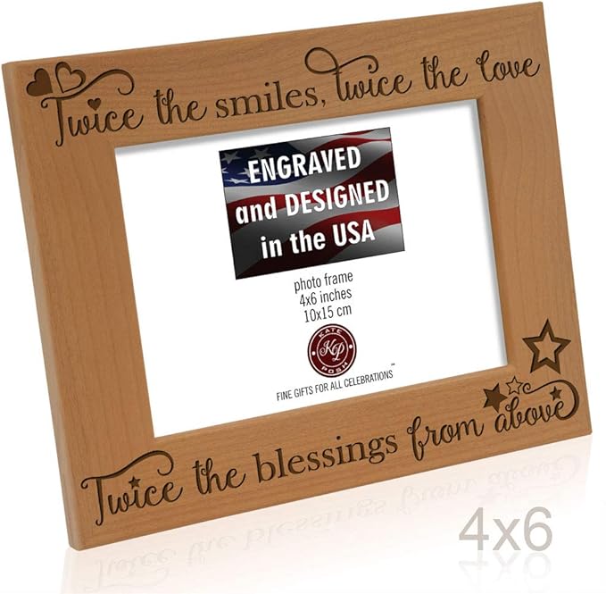 KATE POSH - Twice the Smiles, Twice the Love, Twice the Blessings from above - Engraved Natural Wood Picture Frame - Twins photo frame, Twins gifts for babies, Twins gifts for mom (4x6-Horizontal)