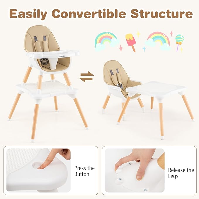 BABY JOY 6 in 1 High Chair, Convertible High Chairs for Babies and Toddlers/Booster Seat/Table and Chair Set, Infant Wooden Highchair w/ 5-Point Harness, 4-Position Removable Tray & PU Cushion (Khaki)