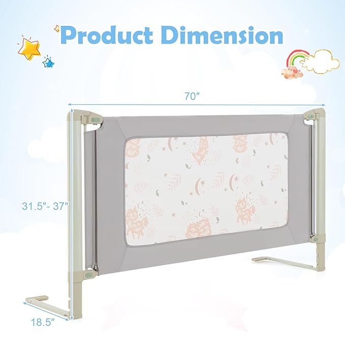 BABY JOY Bed Rail for Toddlers, 70" Vertical Lifting Extra Long Infants Safety Bed Side Rails with Double Lock, Foldable Baby Bed Rail Guard for Twin Double Full Size Queen King Bed Mattress (Gray)