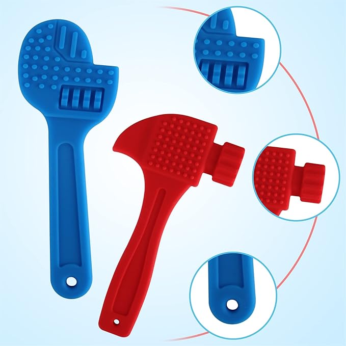 Fu Store 2 Pack Soft Silicone Teething Toys for 0-12 Months 6-24 Months Toddlers Infant Hammer Spanner Tools Shape Baby Teethers Relief Soothe Babies Gums Set