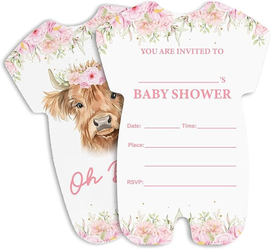 LyoGao Highland Cow Baby Shower Invitations for Girl - Pink Floral Cow Baby Shower Party Fill in Invites Cards With Envelopes (20 Pack)