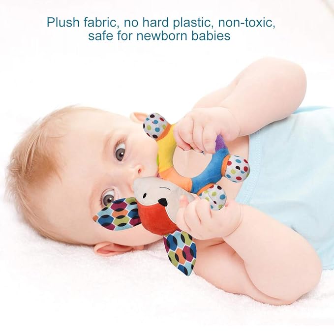 Teething Rattle Toys, Infant Girl Boy Learning Toy Newborn Soft Handbell Grab Shaker Crinkle Squeaky Sensory Travel Accessories for 0 3 6 9 12 Months Old
