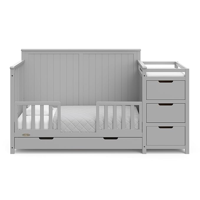 Graco Hadley All-in-One Convertible Crib & Changer (Pebble Gray) – GREENGUARD Gold Certified, Fits Standard Crib Mattress, Converts to Toddler Bed and Full Bed, 4 Adjustable Mattress Heights