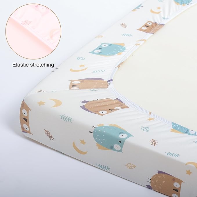 Pack n Play Fitted Sheet. 2 Piece Mini Crib Sheet Set Elastic Playard Sheet Set Portable Sheet Set Elastic Convertible Playmat Compatible with Graco Pack n Play. (Owl and Tree Bag) (Cartoon)