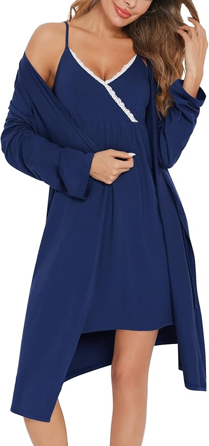 SWOMOG Womens Maternity Robe 2 Piece Nursing Nightgown for Breastfeeding 3 in 1 Labor Delivery Nursing Dress Lace Bathrobe