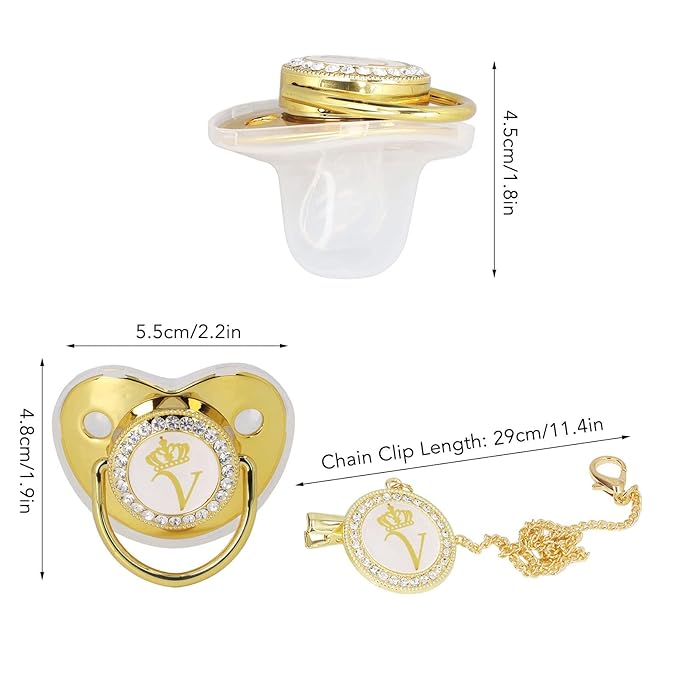 Personalized Golden Letter Baby Pacifier with Bling Design, Clips, Anti-Dust Cover for Newborn Photography