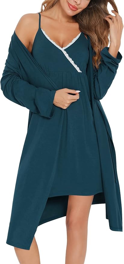 SWOMOG Womens Maternity Robe 2 Piece Nursing Nightgown for Breastfeeding 3 in 1 Labor Delivery Nursing Dress Lace Bathrobe