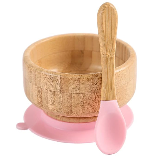 Baby Bamboo Bowls with Suction and Matching Spoon Set,2PC Feeding Supplies Set for Infant, Toddlers,Detachable Silicone Suction Stay Put Base for Wooden Bowl (Pink)
