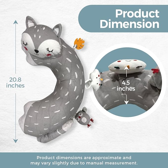 Tummy Time Pillow with 3 Detachable Sensory Toys - Infant Head Support & Neck Strengthening Mat - Soft & Breathable Baby Gym Play Pillow - Machine Washable (Gray Fox)