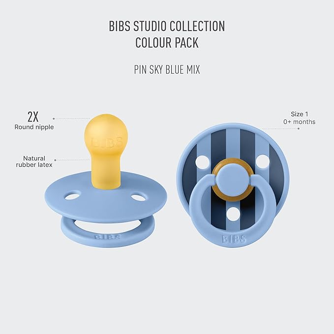 BIBS Pacifiers - Colour Studio 2 Pack | Round Nipple Baby Pacifier | BPA Free Natural Rubber Latex Soother | Made in Denmark | Size 0+ Months | Pin Sky Blue