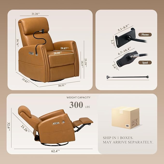 COLAMY Power Recliner Chair Swivel Glider, Faux Leather Rocking Recliner with USB-C & USB-A Charging for Nursery, Living Room or Bedroom, Padded Headrest, Removable Device Stand, Cognac Brown