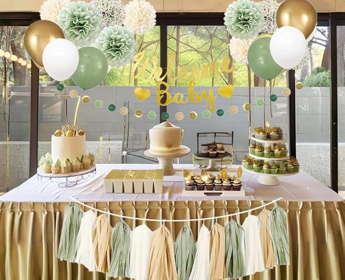Baby Shower Decorations Neutral Sage Green and Gold Party- Welcome Baby Banner,Balloons,Tissue Pom Poms,Circle Dot & Tassel Garland- Baby Gender Reveal Birthday Woodland Themes Décor