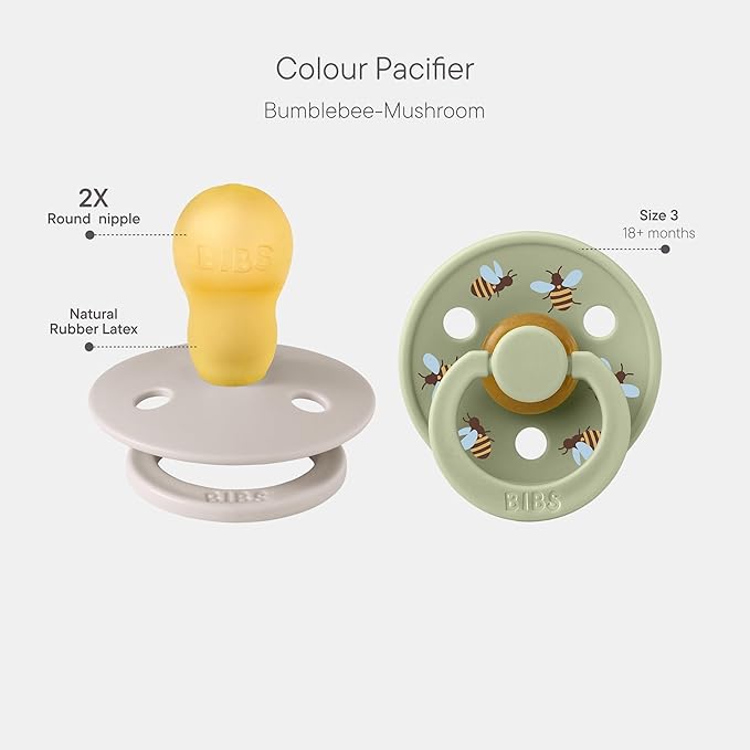 BIBS Colour Studio Soother 2-Pack, BPA Free Dummy Pacifier, Round Nipple. Natural Rubber Latex, Made in Denmark, Size 3 (18+ Months), Mushroom/Sage