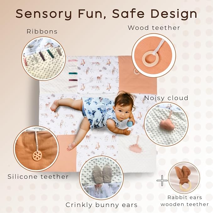 LILDUO Tummy Time Baby Play Mat for Floor | 43x43 | Non-Toxic Tummy Time Mat with 1.18 Inch Thickness and 5 Baby Sensory Toys - 100% Cotton Comfortable,Washable and Easy to Use Infant Essentials Gift