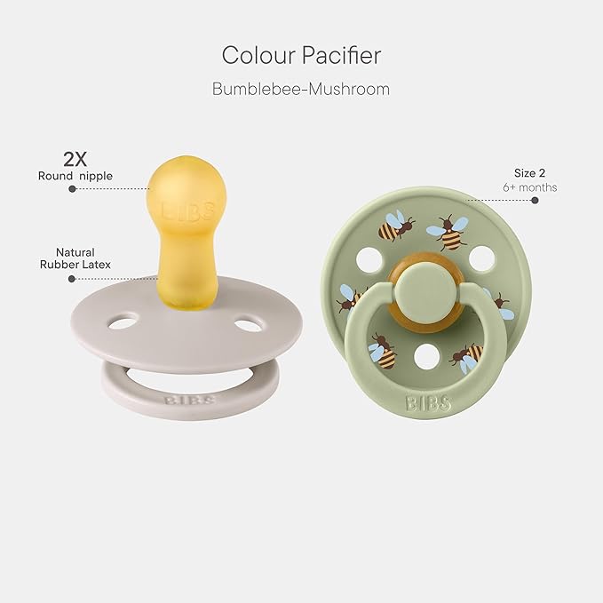 BIBS Colour Studio Soother 2-Pack, BPA Free Dummy Pacifier, Round Nipple. Natural Rubber Latex, Made in Denmark, Size 2 (6-18 Months), Mushroom/Sage