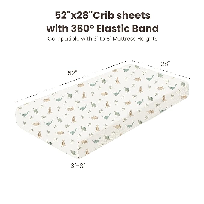 Konssy Muslin Crib Sheets for Boys, Soft Cotton Neutral Baby Sheets for Standard Crib Mattress 2 Pack, 52"x28" (Dino Jungle,Sage Dino)