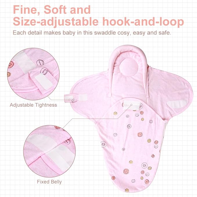 Organic Cotton Baby Swaddle Blankets, Unisex Baby Blanket Wrap for Newborn Baby Boys Girls, Skin Friendly Wearable Swaddling Sleep Sack Calms Startle Reflex (Button, Peachpink, 3-6 Months)