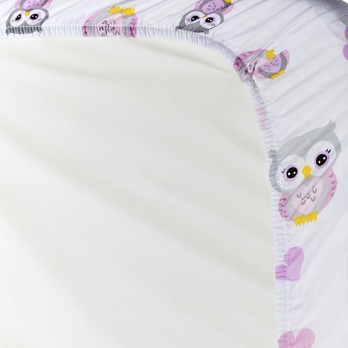 EVERYDAY KIDS 2 Pack Fitted Girls Crib Sheet, 100% Soft Breathable Cotton Baby Sheet, Fits Standard Size Crib Mattress 28in x 52in, White Nursery Sheet with Pink Owls and Hearts and a Solid Pink