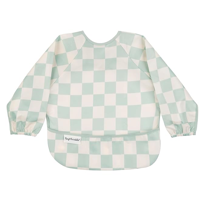 Tiny Twinkle Mess Proof Baby Bib,Waterproof Smock Baby Bib for Eating,Machine Washable Long Sleeve Bib,Baby Led Weaning,Toddler Bib (Checkers Sage, Large 2-4 Years)