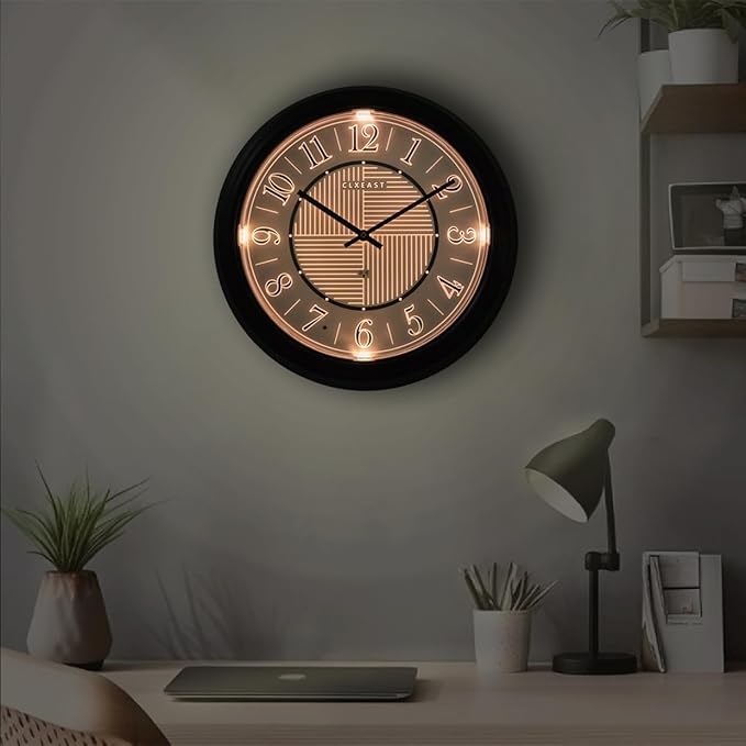 CLXEAST 14 Inch LED Illuminated Indoor Outdoor Atomic Analog Wall Clock Battery Operated, Glow in The Dark Wall Clock for Living Room, Home Office,Bathroom,Kitchen,Oil Rubbed Bronze Black Finish