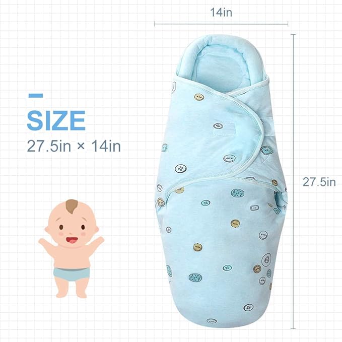 Organic Cotton Baby Swaddle Blankets, Unisex Baby Blanket Wrap for Newborn Baby Boys Girls, Skin Friendly Wearable Swaddling Sleep Sack Calms Startle Reflex (Button, Blue, 0-3 Months + 3-6 Months)