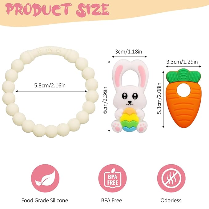 Easter Baby Teething Ring Toys – Bunny Easter Egg & Carrot Teethers for Newborns, Infants & Toddlers – Sensory Chew Bracelet for Teething Relief – Perfect Baby’s First Easter Basket Stuffers