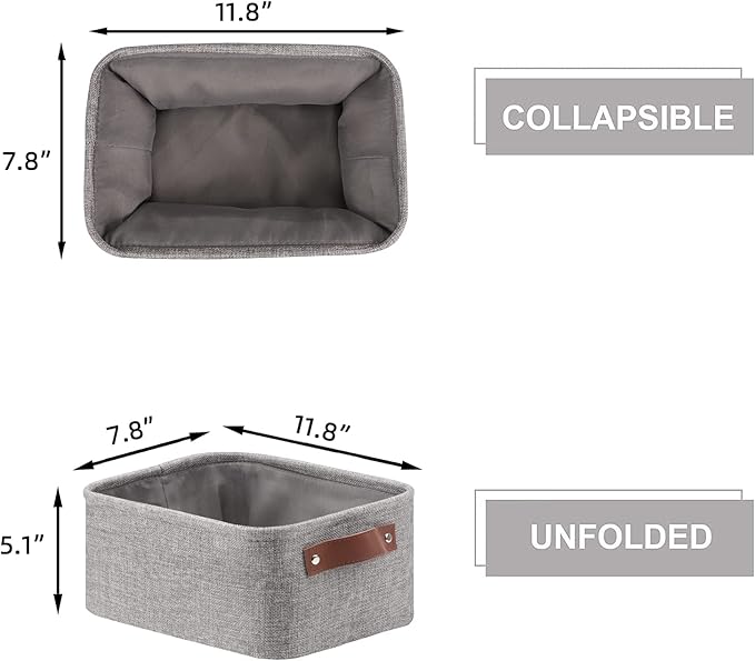 HNZIGE Foldable Fabric Storage Baskets (6pack), Empty Gift Baskets with Leather Handles, Decorative Organizers for Closet (Gray, 11.8" x 7.8" x 5.1")
