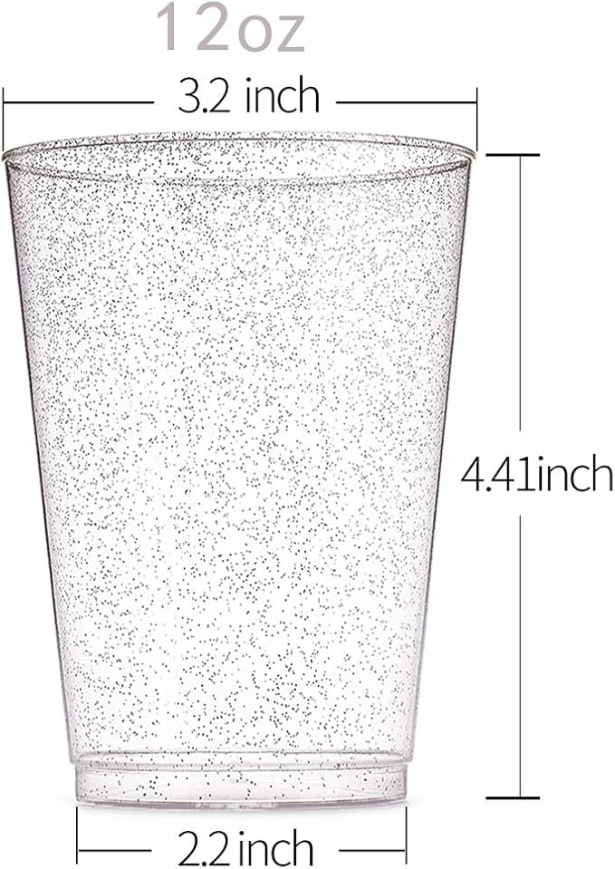 WDF 100 PACK Silver Glitter Plastic Disposable Cups - 12 Oz, BPA-Free, Heavy Duty, Ideal for Parties, Weddings, Daily Use