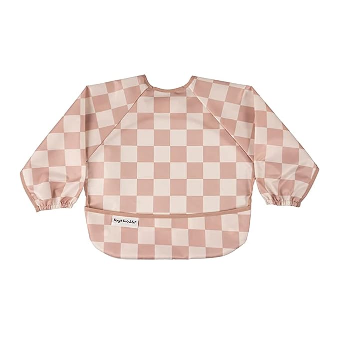 Tiny Twinkle Mess Proof Baby Bib,Waterproof Smock Baby Bib for Eating,Machine Washable Long Sleeve Bib,Baby Led Weaning,Toddler Bib,BLW Supplies(Checkers Brown, Small 6-24 Months)