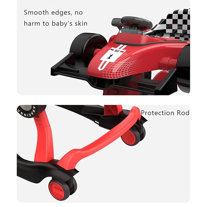 4-in-1 Baby Walker, Foldable Activity Walker with Adjustable Height & Speed, Music, Lights, Steering Wheel, Activity Baby Push Walker for Boys Girls Aged 6–18 Months (Red)