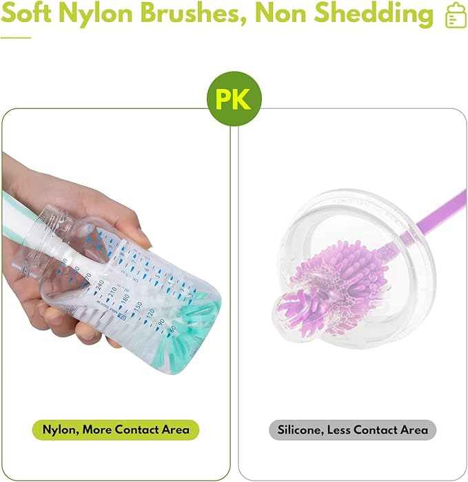 Baby Bottle Brush Set with Nipple Cleaner and Suction, 10.2" Cleaning Brush and 6.5" Sponge Bottle Brush with A Replacement Brush Head and Two 6.7" Straw Brushes, Pack of 5 (Pink)