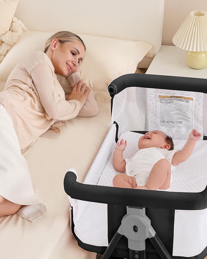3 in 1 Baby Bassine Crib with Breathable Mesh, Bassinet Bedside Sleeper with Wheels, Mosquito Net, Storage Basket, 6 Height Adjustable, Easy to Fold, Rocking Bassinet for Baby, Black