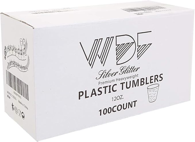 WDF 100 PACK Silver Glitter Plastic Disposable Cups - 12 Oz, BPA-Free, Heavy Duty, Ideal for Parties, Weddings, Daily Use
