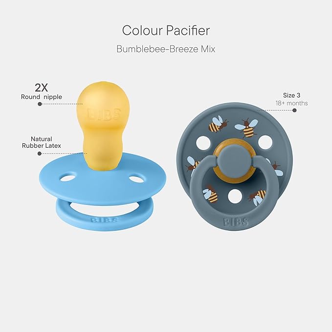 BIBS Colour Studio Soother 2-Pack, BPA Free Dummy Pacifier, Round Nipple. Natural Rubber Latex, Made in Denmark, Size 3 (18+ Months), Breeze/Petrol