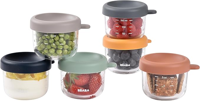 BEABA 6 Pack Glass Baby Food Jars with Soft Silicone Air Tight Lids, 5 oz Glass Storage Containers with Lids, Microwave and Freezer Safe Containers, Sunrise