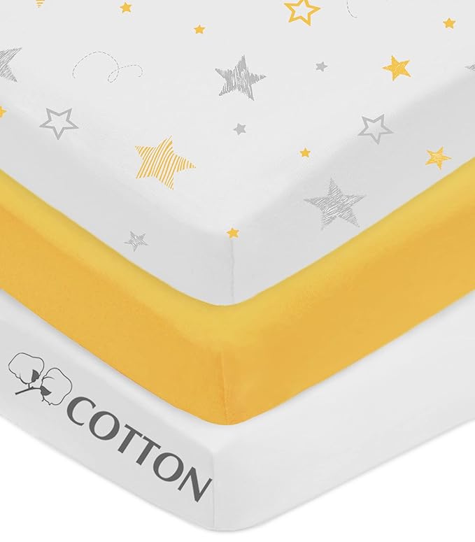 American Baby Company 3 Pack 100% Natural Cotton Fitted Crib Sheets 52" x 28" - Soft, Breathable, Hypoallergenic & Gentle Toddler Bed Sheets, Golden Yellow Star/Yellow/White, Neutral for Boys & Girls