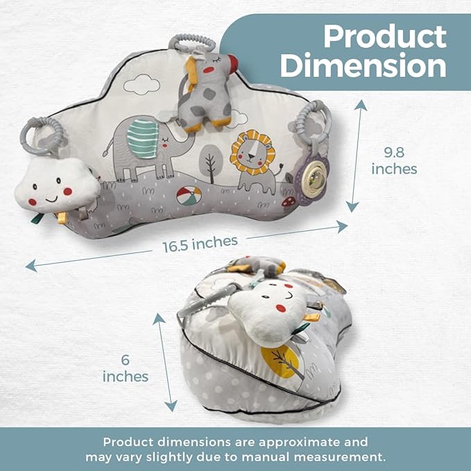 Tummy Time Pillow with 3 Detachable Sensory Toys - Infant Head Support & Neck Strengthening Mat - Soft & Breathable Baby Gym Play Pillow - Machine Washable (Safari Animals)