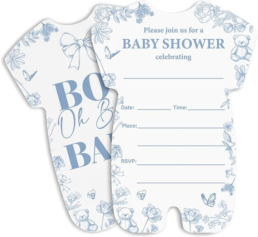 LyoGao Oh Boy Baby Shower Invitations - Dusty Blue Toile Bear Baby Shower Party Fill in Invites Cards With Envelopes (20 Pack)