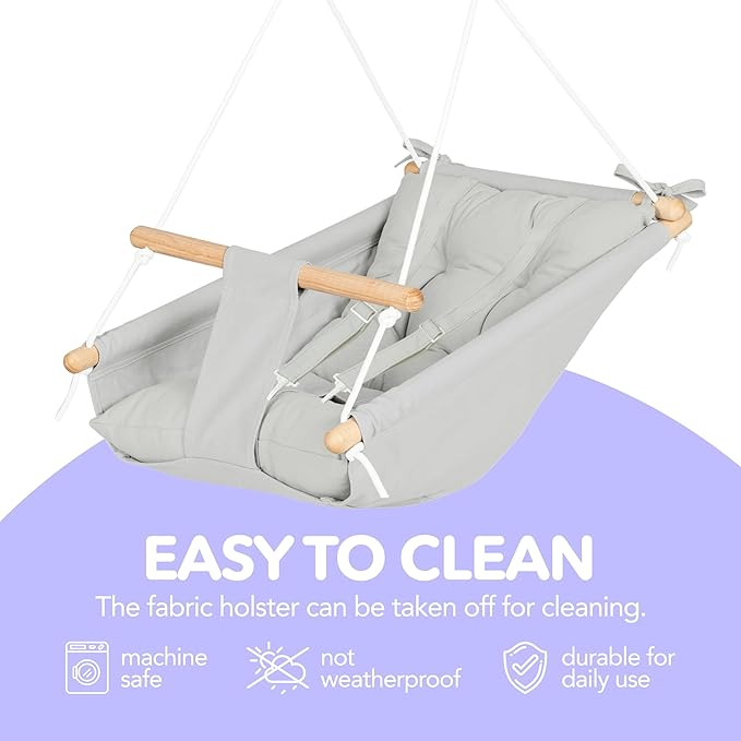 CaTeam Canvas Toddler Swing – Indoor/Outdoor Hanging Chair for Patio & Playroom with Safety Belt – Wooden Baby Seat for Ages 12+ Months – Gray