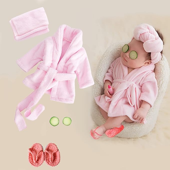 5PCS Newborn Photography Outfits, Baby Bathrobes Bath Towel Outfit with Slippers Photo Props for Girls and Boys