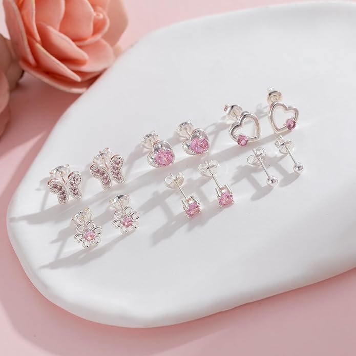 6 Pairs Huggie Hoop Earrings 925 Sterling Silver Stud Sets Cute Heart Hoops Tiny Cubic Zirconia Flower Stud Small Hypoallergenic Cartilage Sleeper Earrings