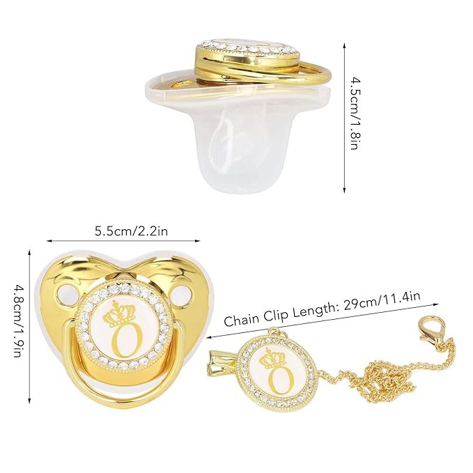Personalized Golden Letter Baby Pacifier with Clips, Anti-Dust Cover, Bling Design for Newborn Photography, Letter O