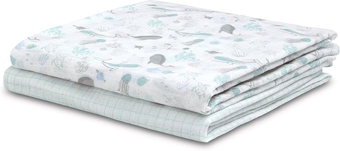 Delta Children 100% Cotton Muslin Baby Receiving Blankets for Girls and Boys – 47x47 Inches (Pack of 2), Sea Life