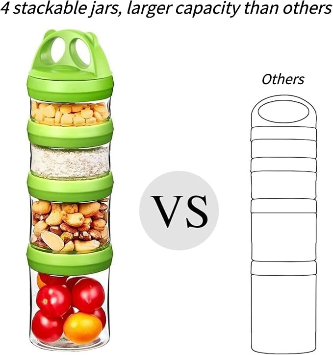 SELEWARE Portable Stackable Food Storage Containers for Snacks Formula Powder and Drinks Twist Lock System Airtight Leak-proof BPA and Phthalate Free 4 Piece Jars 31oz Green