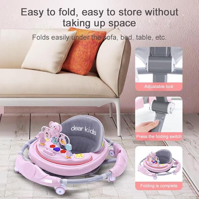 4 in 1 Folding Baby Walker, Activity Walker for Boys Girls, Learning-Seated, Toddler Walk-Behind w/Music Toys, Adjustable Height & Speed, Safety Bumper, Infant Walker Anti-Rollover