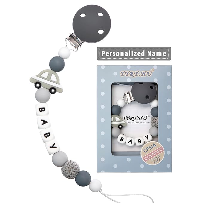 Personalized Pacifier Clip with Name for Baby, Customized Pacifier Clip Fits All Pacifiers, Baby Birthday Christmas Gift for Boys and Girls, Car (Grey)