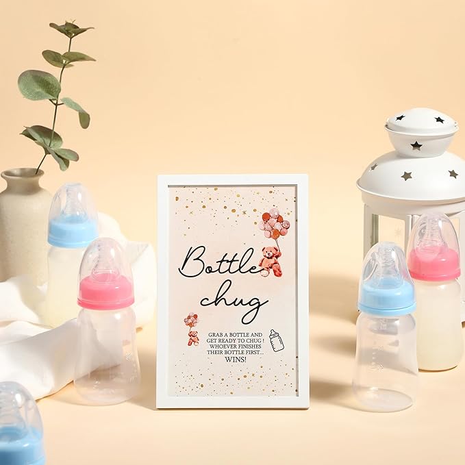 Roowest Bottle Chug Baby Shower Game Favors Including Brown Bear Theme Wooden Sign and 18 Pcs Baby Bottles for Gender Reveal Party Supplies