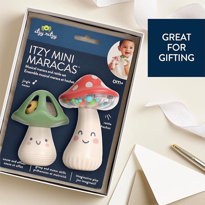 Itzy Ritzy Mini Maracas Musical Rattle Toy – Sensory Baby Toy with Rattle Beads & Jingle Ball for Motor Skills & Auditory Development – for Ages 0 Months and Up (Mushroom)