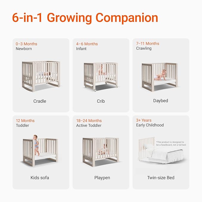 EvoNest Baby Crib, 6 in 1 Convertible Mini Crib with Wheels, 100% New Zealand Wood Growing Bed, 4 Adjustable Mattress Height, Washed Natural